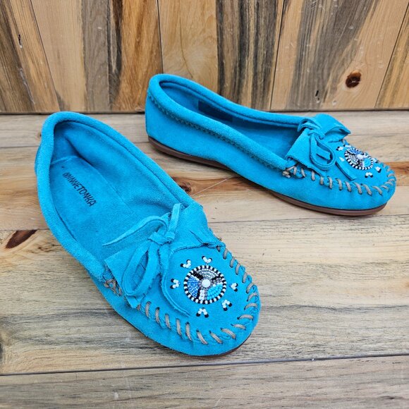 MINNETONKA Turquoise Me to We Maasai Suede Leather Moccasins‎ Size 8 - Picture 1 of 6